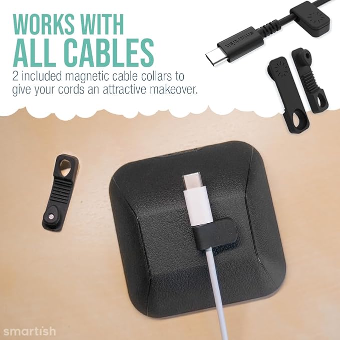 Smartish® Magnetic Cord Holder - Cable Wrangler Organizer with Magnet Clips for Charger Management on Desktop, Nightstand, or Side Table for All Cables, USB-C, Lightning Cables - Black Tie Affair
