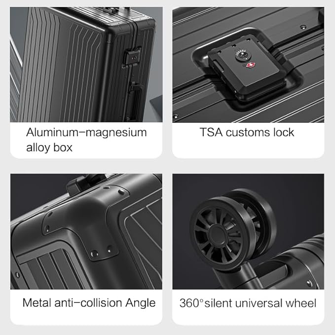 Metal all aluminum carry-on suitcase 20 "hard face, TSA lock and rotating wheel zippered luggage set (black, 28 '')