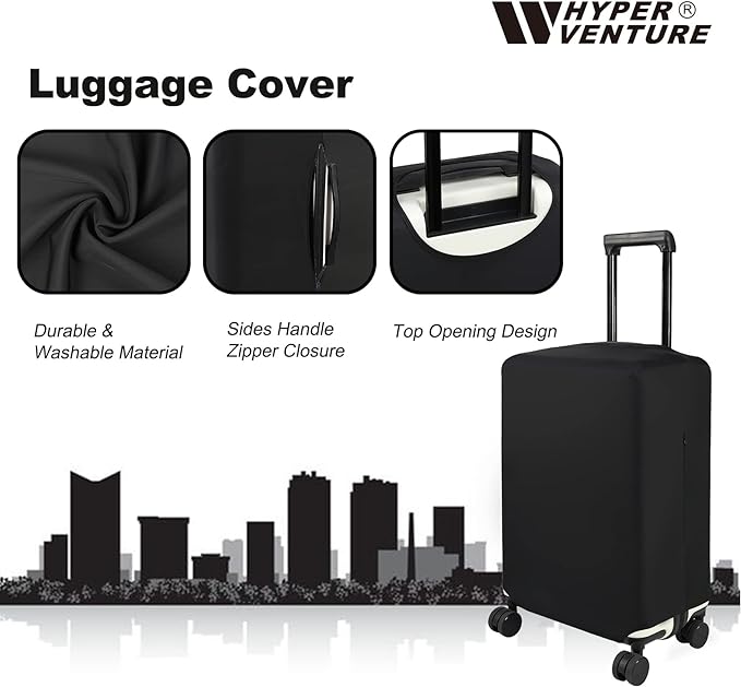 HYPER VENTURE Washable Luggage Cover - Fashion Suitcase Protector Fits 31-32 Inch Luggage (Black, XL)