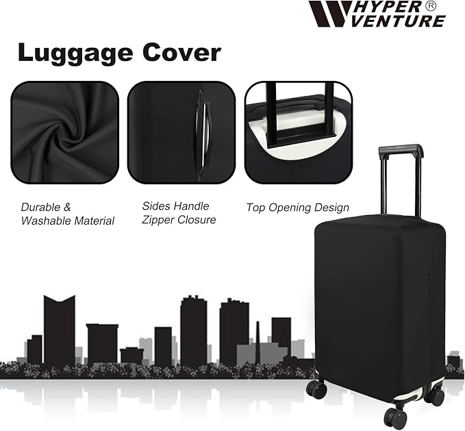 HYPER VENTURE Washable Luggage Cover - Fashion Suitcase Protector Fits 18-22 Inch Luggage (Black, S)