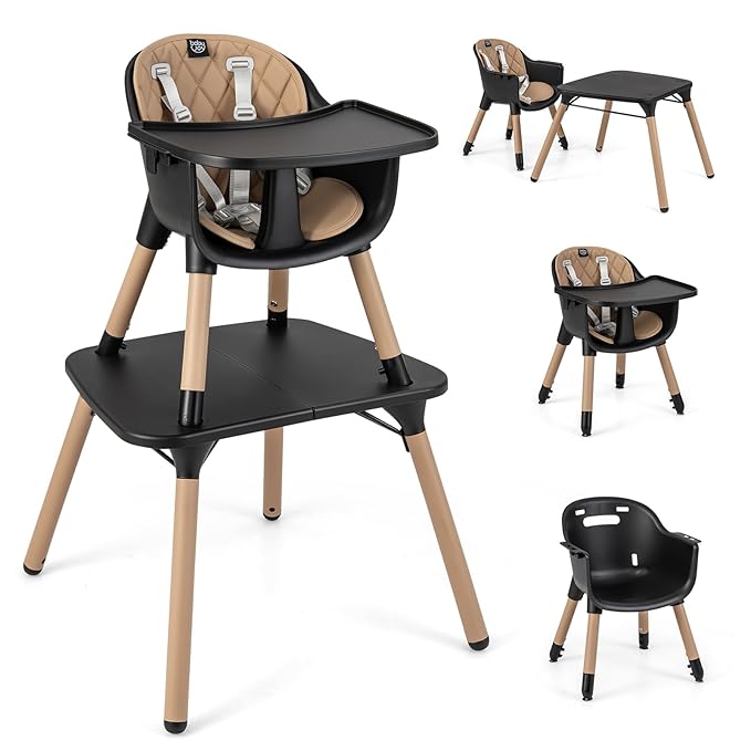 BABY JOY High Chair, 5 in 1 Convertible Highchair for Babies & Toddlers | Booster Seat | Table and Chair Set | Infant Feeding Chair with Removable Tray, Safety Harness, Removable Cushion (Brown)