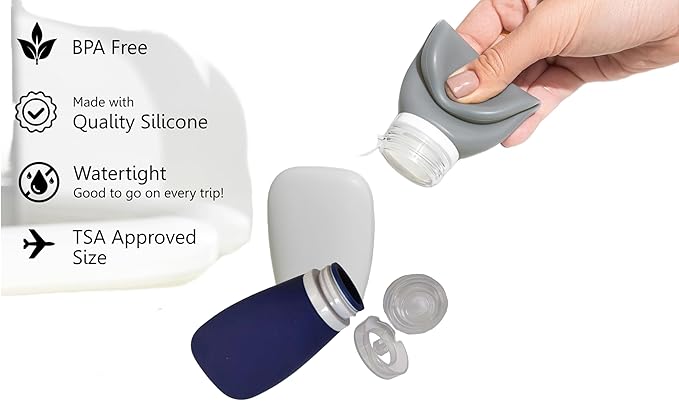 Travel Bottles for Toiletries, TSA Approved 3oz Leak Proof Silicone Refillable Squeeze Travel Size Containers BPA Free for Cleansers, Lotions, Shampoo 3pk (Orange-Blue-Yellow).