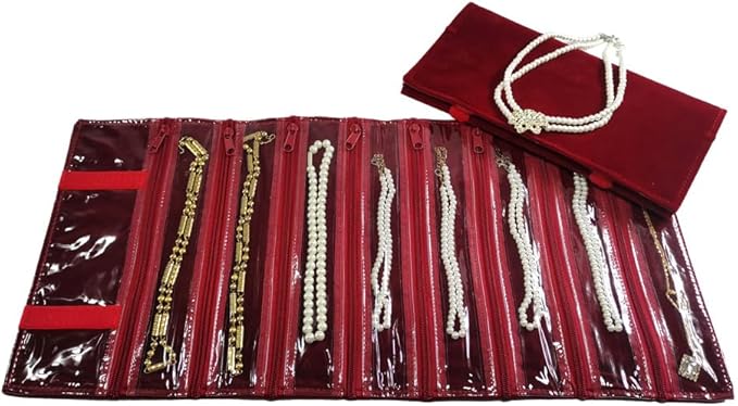 Travel Jewelry Roll Bag Portable Organizer Pouch With Grids&PVC Cover Storage Bags for Necklace, Bracelet, Bracelet,Ring, Badge, Pendant