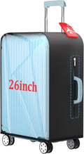 Upgraded Elastic Luggage Cover Protector - Stretchable Black Cloth + Clear TPU, Fit 26 Inch Wheeled Suitcase TSA Approved, Waterproof & Anti-Scratch, Includes Free Red Luggage Tag