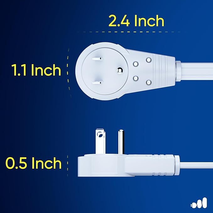 Maximm Cable 1 Ft 360° Rotating Flat Plug Extension Cord/Wire, 16 AWG Multi 3 Outlet Extension Wire, 3 Prong Grounded Wire - White - UL Certified