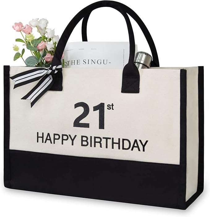 TOPDesign Embroidery Canvas Tote Bag for Women, 21st Birthday Gifts for Her, Friend, Daughter, Girl, Teens, Niece, Granddaughter, Turning 21 Years Old Present, Personalized Bag for Beach, Holiday