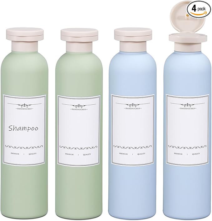 ASEVAT 8.8oz 4Pcs Plastic Refillable Travel Shampoo And Conditioner Bottles With Flip Cap