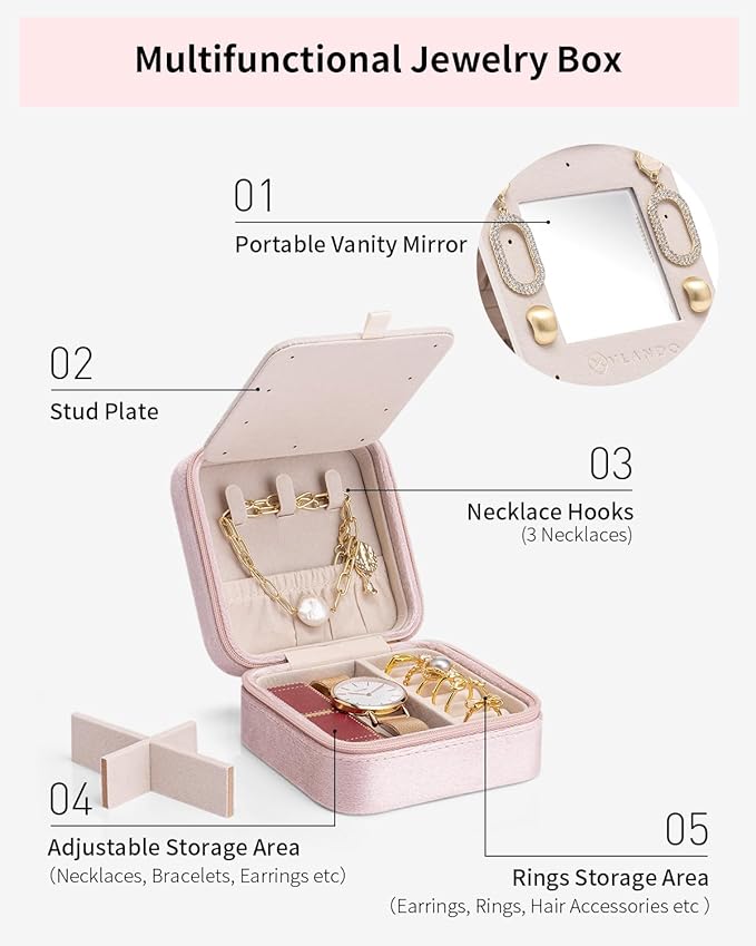 Vlando Valentines Day Gifts for Her, Bridesmaid Gifts for Women, Bridesmaid Proposal Gifts Unique Gifts, Wedding Travel Essentials Small Jewelry Box, Travel Jewelry Case - Letter G, Pink