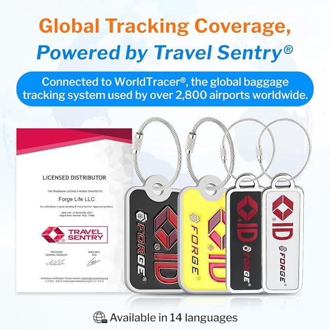 Forge Lost and Found Luggage Tags, Global Luggage Tracking Tag, WorldTracer Compatible, Travel Sentry Powered Baggage ID System for Luggage, Bags, Suitcases, and More (Whit 2 PK Small)