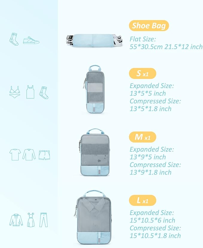 BAGSMART 6 Set Compression Packing Cubes - Lightweight Travel Essentials, Durable Luggage Organizer