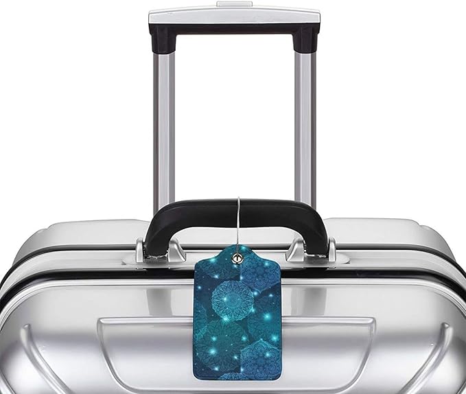 2Pcs Glowing Mandala Themed Luggage Tags for Suitcases, Beautiful Art Teal Blue Name ID Identifier Labels for Baggage Travel Bag, Shine Aesthetic Leather Bag Tags with Full Privacy Cover