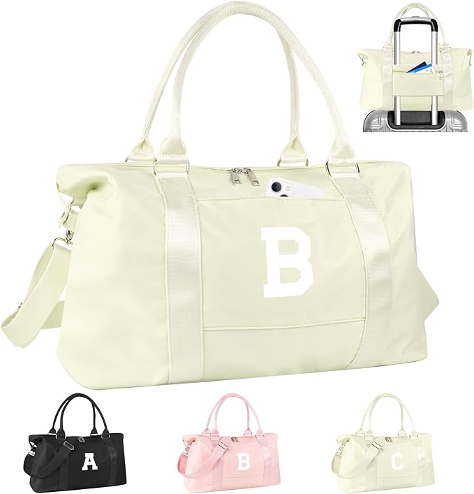 Initial Travel Duffel Bag Sports Gym Bag for Kids Teen Birthday Gifts,Beige Personalized Weekender Bag Carry On Dance Bags for Women Men,Waterproof Monogram Overnight Bag with Trolley Sleeve(Letter B)