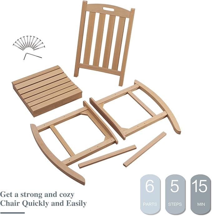 Psilvam Oversized Outdoor Rocking Chair, with 21" Wide Seat and 32" Tall Backrest, Pre-Assembled with Most Components for Effortless Installation (Teak Color)