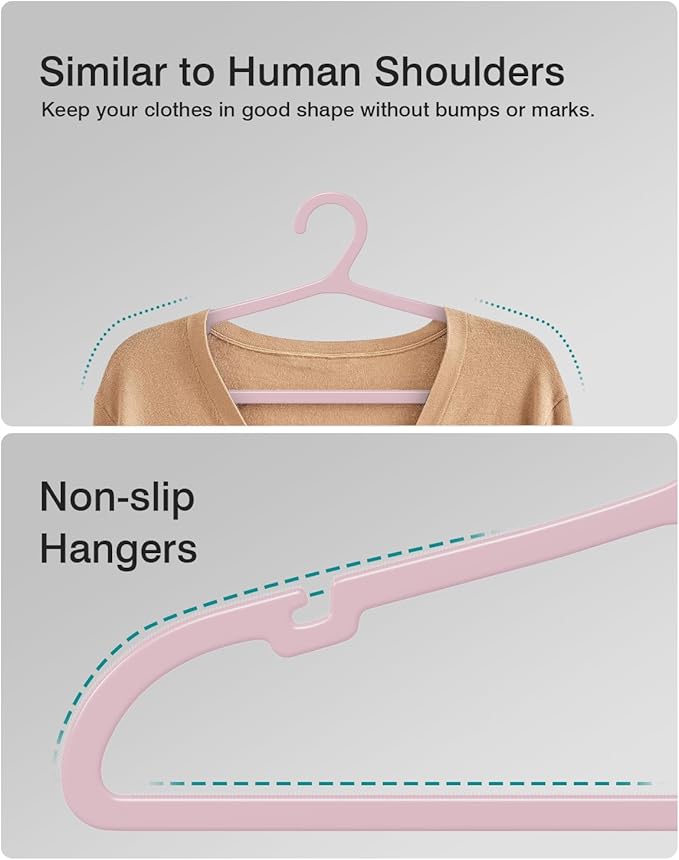 50 Pack Clothes Hangers, Non Slip Plastic Coat Hangers, Space Saving Hangers, Heavy Duty, Hanging Dry Wet Clothes, 16.4" x 8.3", Light Pink, UAPY0550P