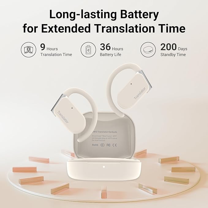 M9 AI Language Translator Earbuds Open-Ear Headphones Support 144 Languages & Accents Translation Earbuds Real Time Translator Device, Snug Fit, Ergonomic Ear Hooks Beige (With Offline Package)
