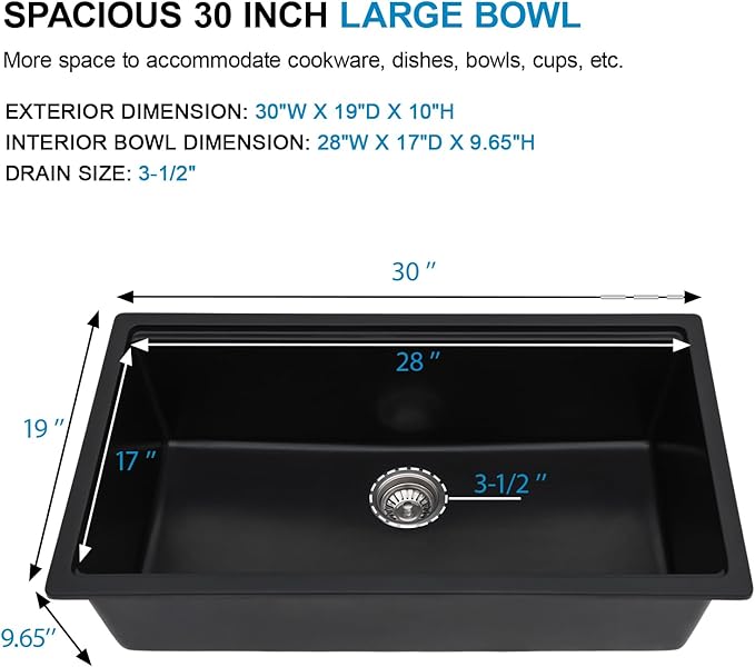 30 Granite Composite Kitchen Sink - Donsdey 30 Inch Black Kitchen Sink Undermount Granite Quartz Composite Ledge Workstation Matte Black Under Counter Single Bowl Sink Basin