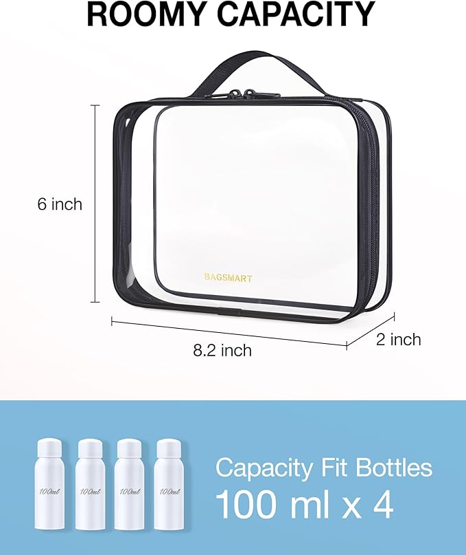 BAGSMART TSA Approved Clear Toiletry Bag, 3 Packs Quart Size Water Resistant Makeup Cosmetic Bags for Women, Airport Airline Travel Essential Carry On Organizer with Handle Large Opening, Black