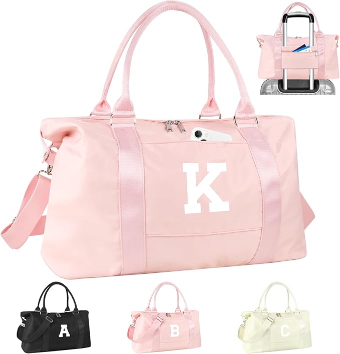 Initial Travel Duffel Bag Sports Gym Bag for Girls Teen Birthday Gifts,Pink Personalized Weekender Bag Carry On Tote Bags for Women Men,Waterproof Overnight Luggage Bag with Trolley Sleeve(Letter K)