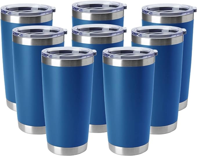 HASLE OUTFITTERS 20oz Tumblers Stainless Steel Mugs with Lid Double Wall Vacuum Insulated Coffee Cups for Cold & Hot Drinks (20oz-Dark Blue, 8 Pack)