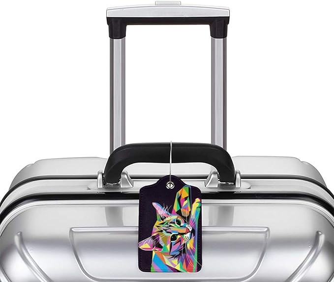 Cat Leather Luggage Tag with Stainless Steel Ring, Fun Name Id Card Cover Travel Bag Tag Set, Suitable for Travel Bag Luggage Women Men 1 PCS