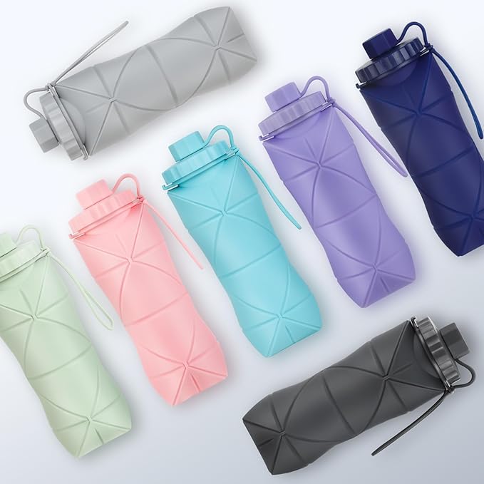 YCT Collapsible Silicone Travel Water Bottle 20oz (600ml), Reuseable Leakproof BPA Free Foldable Sports Bottle, with Carrying Strap, Dark Blue + Pink