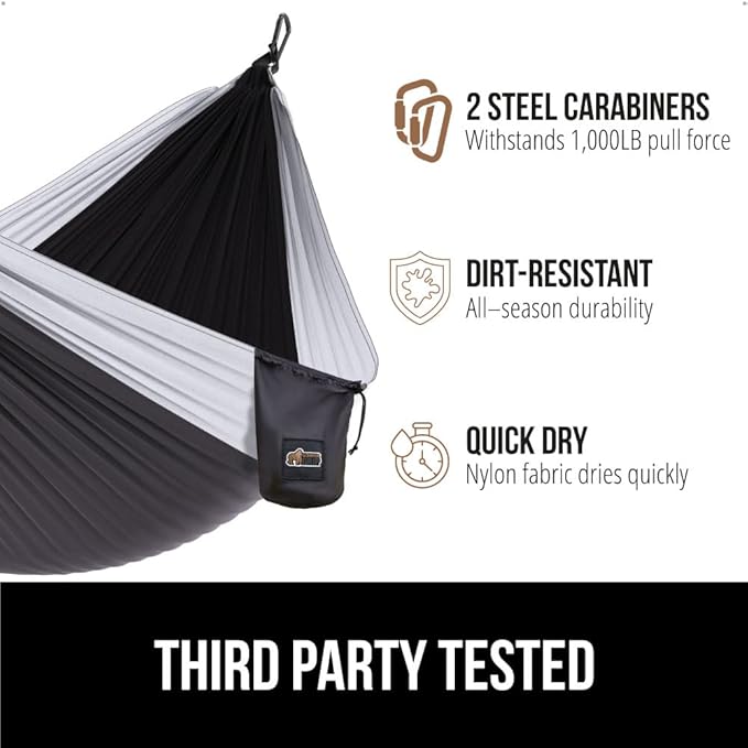 GORILLA GRIP Durable Portable Camping Hammock, Holds 500lbs with Heavy Duty Tree Straps, Comfortable Travel Swing, Camp Hammocks, Easy to Use and Install, Outdoor Essentials, Blue, 10x6.5 FT
