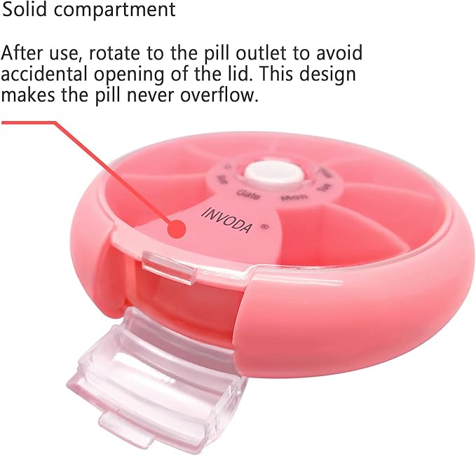 INVODA Weekly Pill Organizer 7 Compartment Rotating Pill Box for Daily Medication & Vitamins - Portable Travel Pill Case Fish Oil Supplements Vitamins Organizer (4PCS)