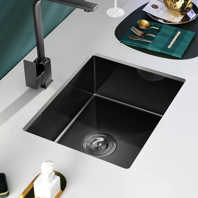 20-inch Undermount Kitchen Sink Black, T304 Stainless Steel Single Bowl Kitchen Sink Undermount, 9-inch Deep Sink Bowl Small Bar Sink, D20"xW16"xH9"