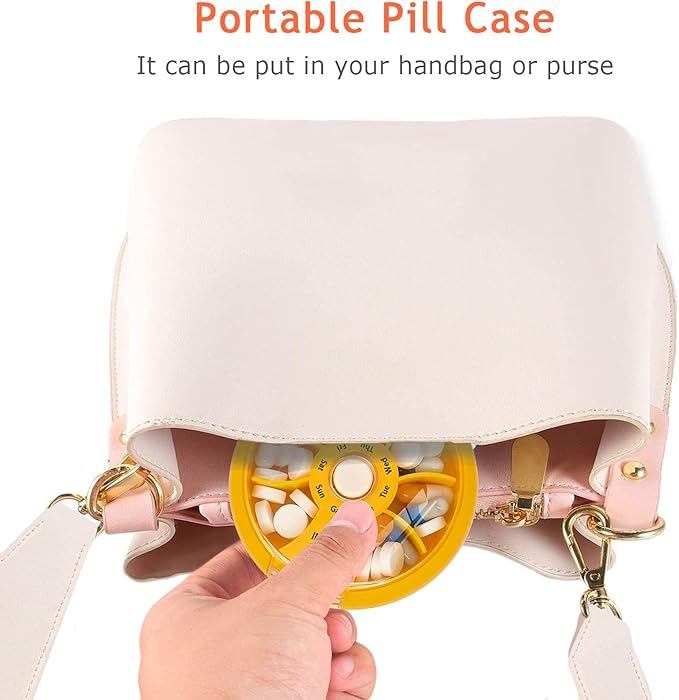 INVODA Weekly Pill Organizer 7 Compartment Rotating Pill Box for Daily Medication & Vitamins - Portable Travel Pill Case Fish Oil Supplements Vitamins Organizer (Green+Orange)