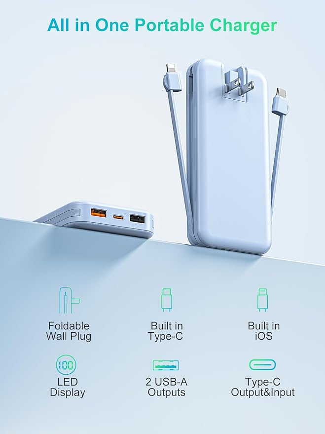 Portable Charger with Built-in Cables and Wall Plug, 12000mAh 22.5W USB C Power Bank Fast Charging with LED Display, External Battery Pack Travel Essentials Compatible with iPhone, iPad, Samsung Blue