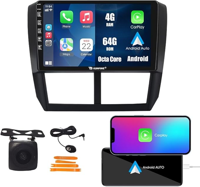 Kunfine Car CarPlay Android Auto Navigation Stereo GPS Radio Reverse Camera Display 9" IPS Touchscreen Headunit Tablet Pad Media Player for Subaru Forester 2007-2013, if Applicable Octa Core 4G+64G