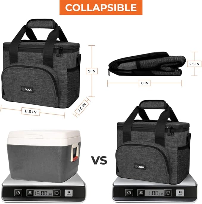 OPUX Soft Cooler Bag, Insulated Collapsible Lunch Cooler Bag for Men Work Camping Beach Travel, Portable Soft Sided Leakproof Waterproof Large Lunch Bag Box with Shoulder Strap 18 Cans, Charcoal Gray