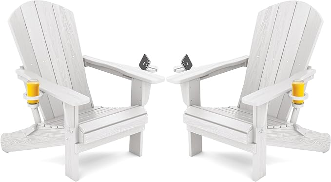 SERWALL Adirondack Chair with Cup Holders - Composite Adirondack Chairs Set of 2 HDPE Outdoor Chairs All Weather Use- White