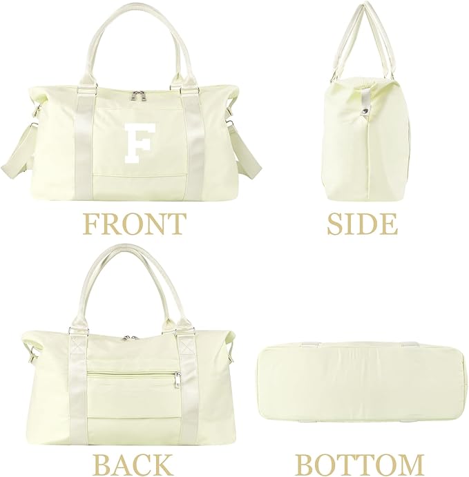 Initial Travel Duffel Bag Sports Gym Bag for Kids Teen Birthday Gifts,Beige Personalized Weekender Bag Carry On Dance Bags for Women Men,Waterproof Monogram Overnight Bag with Trolley Sleeve(Letter F)