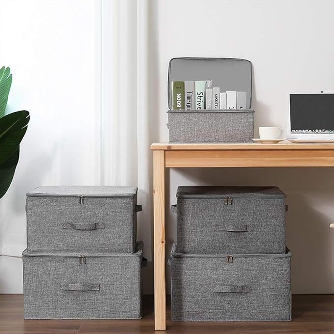 ANMINY 3PCS Storage Bins with Zipper Lids 51.9 Qt Lidded Fabric Storage Boxes Baskets Cubes with Handles Collapsible Washable Cotton Linen Closet Shelf Clothes Organizer - Gray, Extra Large