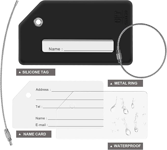 8 Pcs Luggage Tags for Suitcases, 26 Initial Letter Travel Luggage Baggage Identification Labels ID Tags Fully Bendable Tags with Stainless Steel Loop (Letter L, Black)