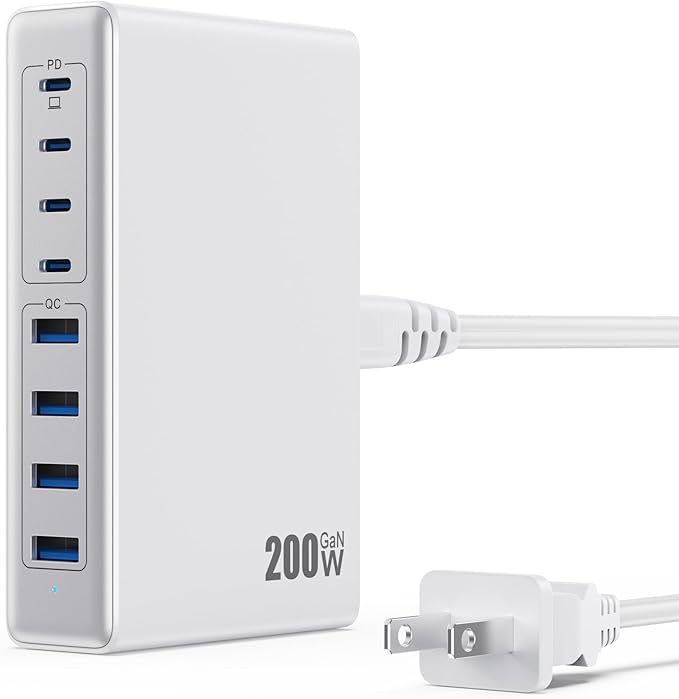200W USB C Charger Block,GaN IV Charging Station 8 Ports,QC4.0 Fast Charging Station Hub+PD 65W USB C Laptop Charger Adapter Compatible with MacBook Air/Pro,DELL,iPhone 16/15,iPad,Steam Deck-White