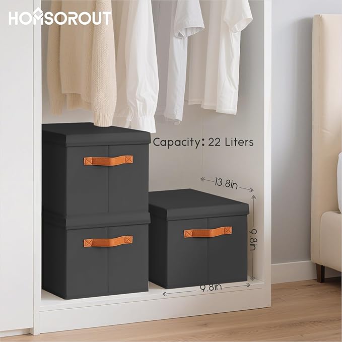 Storage Bins with Lids - Fabric Storage Baskets for Shelves, 6 Pack Foldable Decorative Boxes with Handles, Stackable Organizer Bins for Home, Nursery, Dorm, Black