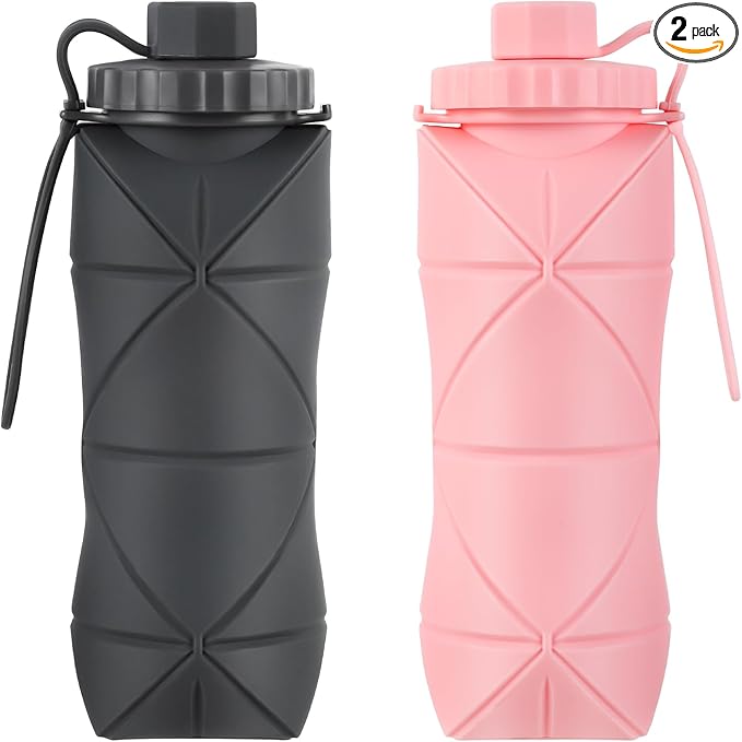 Silicone Collapsible Water Bottles,Lightweight Reusable Leakproof For Traveling Camping Hiking Cycling Sports Outdoor,Foldable Portable Travel Water Bottle 600ML Dark Grey And Pink 2Pack.