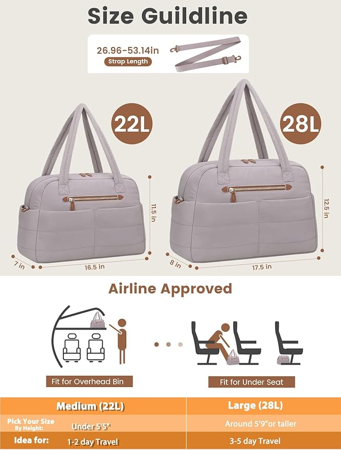 Travel Duffle Bag,Puffer Carry On Duffel Bag with Laptop Compartment Waterproof Overnight Weekender Bags for Women Large Hospital Tote Bags for Labor and Delivery(Medium,Khaki Gray）