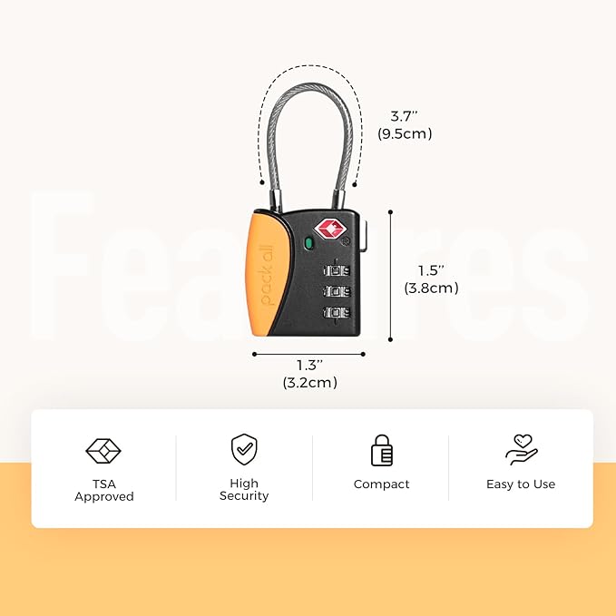 pack all TSA Approved Cable Luggage Locks, 3 Digit Combination Padlocks, Travel Lock for Suitcases & Bag, Alloy Body, Travel Accessories (1 Pack)（Orange）