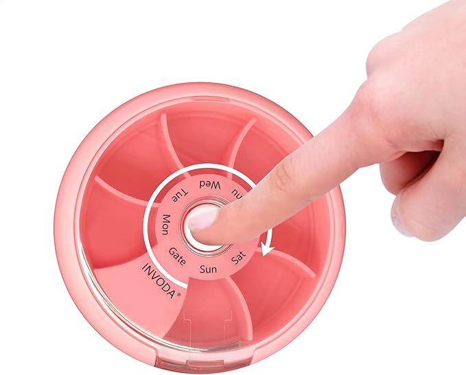 INVODA Weekly Pill Organizer 7 Compartment Rotating Pill Box for Daily Medication & Vitamins - Portable Travel Pill Case Fish Oil Supplements Vitamins Organizer (Pink+Blue)