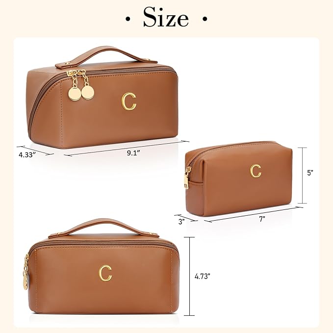 Birthday Gifts for Women Teen Girl, Personalized Initial Makeup Organizer Bag Set, Open Flat Travel Cosmetic Bag With Clear Divider and Handle(Brown,C)