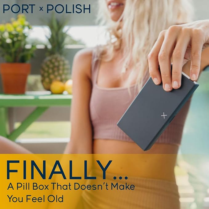 PORT X POLISH Designer Weekly Pill Box Organizer (Single 1X Daily, Navy) | Compact, Stylish 7-Day Vitamin Supplement Case | Cute Portable Mini Travel Medicine Carrier | BPA-Free Pillbox Caddy
