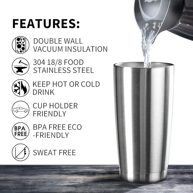 20oz Tumbler Bulk Stainless Steel Vacuum Insulated Tumblers with Lid Double Wall Travel Mug Powder Coated Coffee Cup, Suitable for Ice Drinks and Hot Beverage (Stainless steel 1pack)
