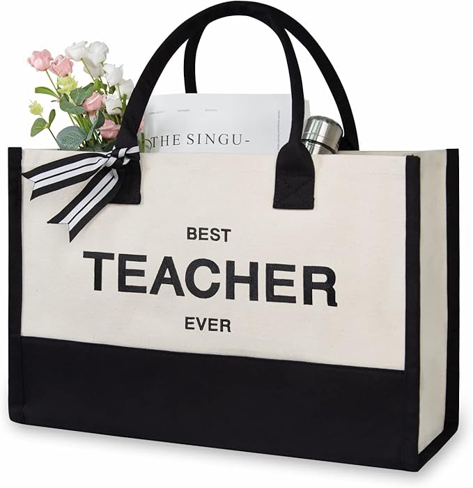 TOPDesign Embroidery Canvas Tote Bag for Women, Teacher Appreciation Gifts for Daycare, Preschool, Math, English, Music, Dance Teacher, Personalized Present Bag, Ideal for Beach, Holiday