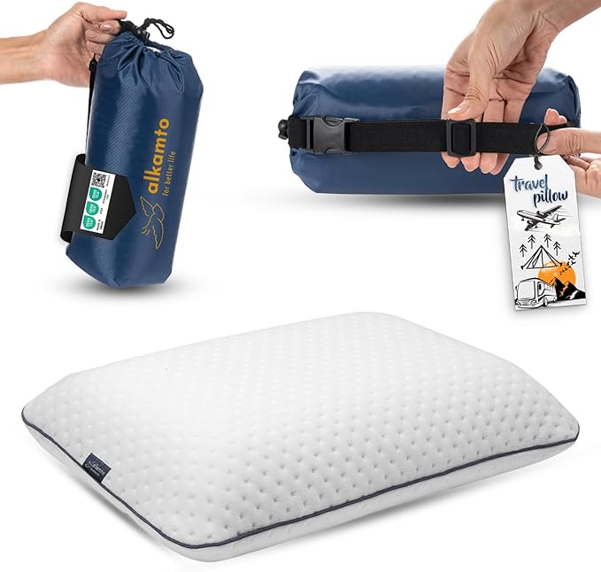 Travel & Camping Comfortable Memory Foam Pillow – Easy to Carry Portable Bag – Temperature Regulating Pillow Case (White)