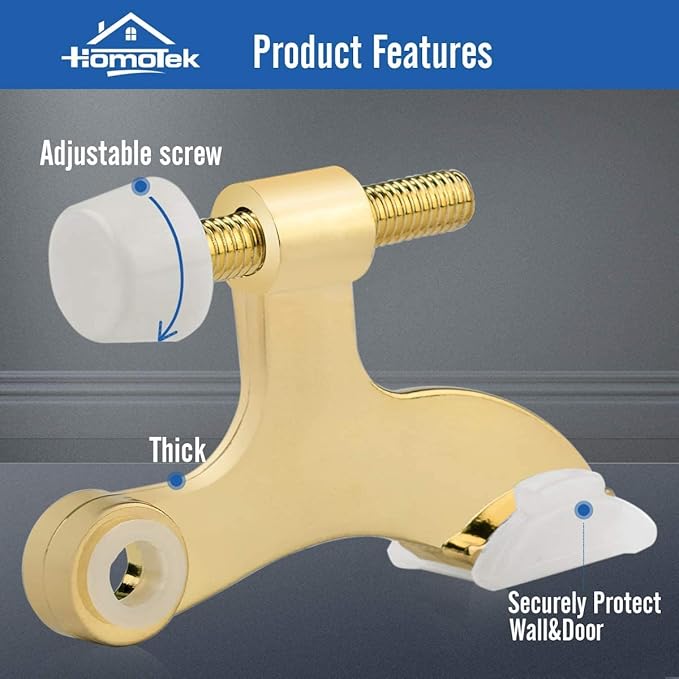 HOMOTEK 4 Pack Hinge Pin Bright Brass Door Stopper, Gold Door Stops, Adjustable Deluxe Heavy Duty Door Stopper 2-1/2"x1-3/4”,with White Rubber Bumper Tips