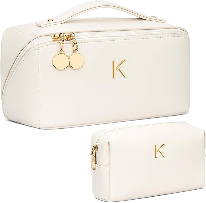 Birthday Gifts for Women Teen Girl, Personalized Initial Makeup Organizer Bag Set, Open Flat Travel Cosmetic Bag With Clear Divider and Handle(Beige,K)