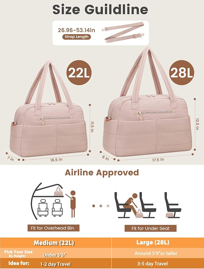 Travel Duffle Bag,Puffer Carry On Duffel Bag with Laptop Compartment Waterproof Overnight Weekender Bags for Women Large Hospital Tote Bags for Labor and Delivery (Medium,Pink)